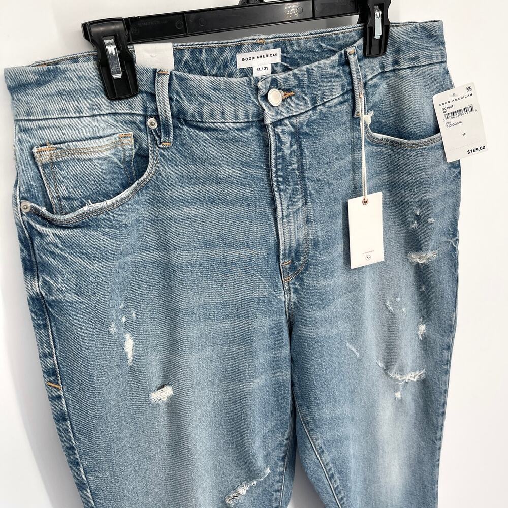 Good American Good Classic Distressed Straight Jeans NEW Sz 12/31 Stretch Blue - Picture 2 of 11